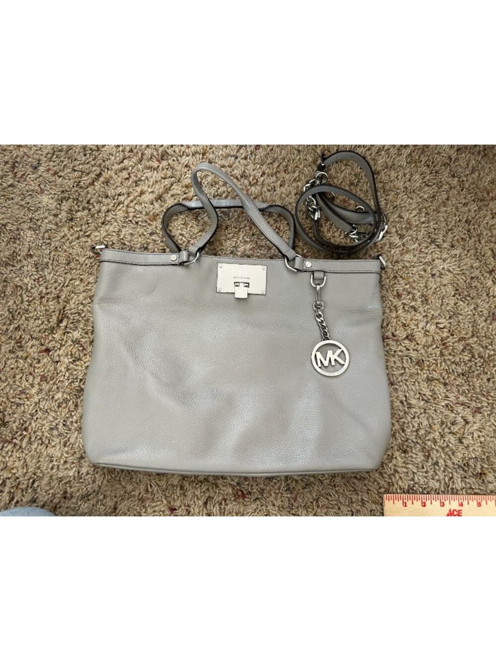 Michael Kors Grey Pebbled Leather Tote Bag Logo Lining Silver Hardware & Charm